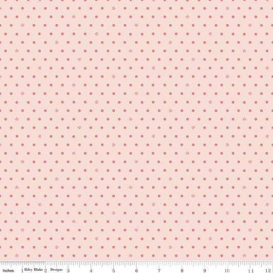 Image of Cotton Nook Dots Blush quilting cotton fabric by Minki Kim for Riley Blake Designs. Features polka Dots on a pink background. Cute Little Fabric Shop.