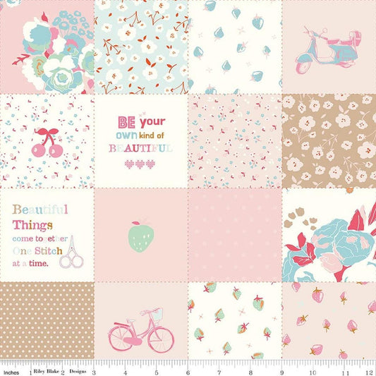 Image of Cotton Nook Patchwork Pink quilting cotton fabric by Minki Kim for Riley Blake Designs. Features flowers on a pink background. Cute Little Fabric Shop.