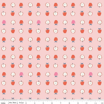 Image of Cotton Nook Apples Pink quilting cotton fabric by Minki Kim for Riley Blake Designs. Features apples on a pink background. Cute Little Fabric Shop.