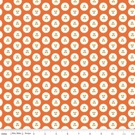 Image of Cotton Nook Cherries Orange quilting cotton fabric by Minki Kim for Riley Blake Designs. Features cherries on an orange background. Cute Little Fabric Shop.