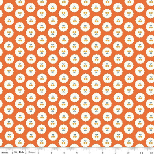 Image of Cotton Nook Cherries Orange quilting cotton fabric by Minki Kim for Riley Blake Designs. Features cherries on an orange background. Cute Little Fabric Shop.