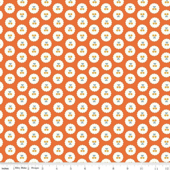 Image of Cotton Nook Cherries Orange quilting cotton fabric by Minki Kim for Riley Blake Designs. Features cherries on an orange background. Cute Little Fabric Shop.