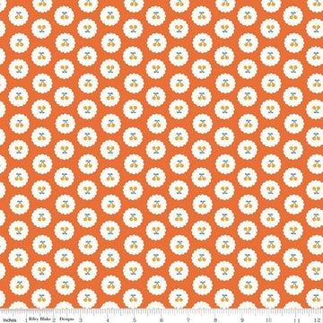 Image of Cotton Nook Cherries Orange quilting cotton fabric by Minki Kim for Riley Blake Designs. Features cherries on an orange background. Cute Little Fabric Shop.