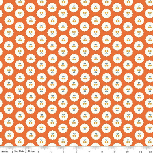 Image of Cotton Nook Cherries Orange quilting cotton fabric by Minki Kim for Riley Blake Designs. Features cherries on an orange background. Cute Little Fabric Shop.
