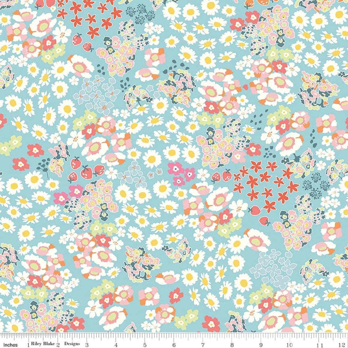 Image of Cotton Nook Flowerbed Aqua quilting cotton fabric by Minki Kim for Riley Blake Designs. Features flowers on a blue background. Cute Little Fabric Shop.