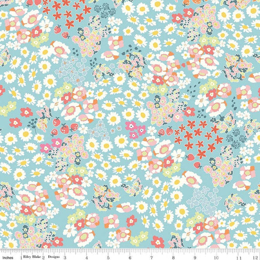 Image of Cotton Nook Flowerbed Aqua quilting cotton fabric by Minki Kim for Riley Blake Designs. Features flowers on a blue background. Cute Little Fabric Shop.