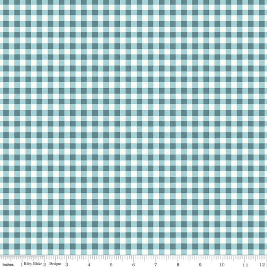 Image of Cotton Nook Plaid Blue quilting cotton fabric by Minki Kim for Riley Blake Designs. Features checkers on a blue background. Cute Little Fabric Shop.