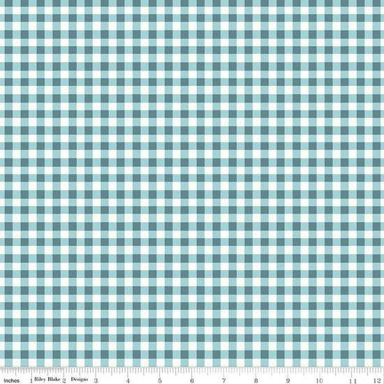 Image of Cotton Nook Plaid Blue quilting cotton fabric by Minki Kim for Riley Blake Designs. Features checkers on a blue background. Cute Little Fabric Shop.