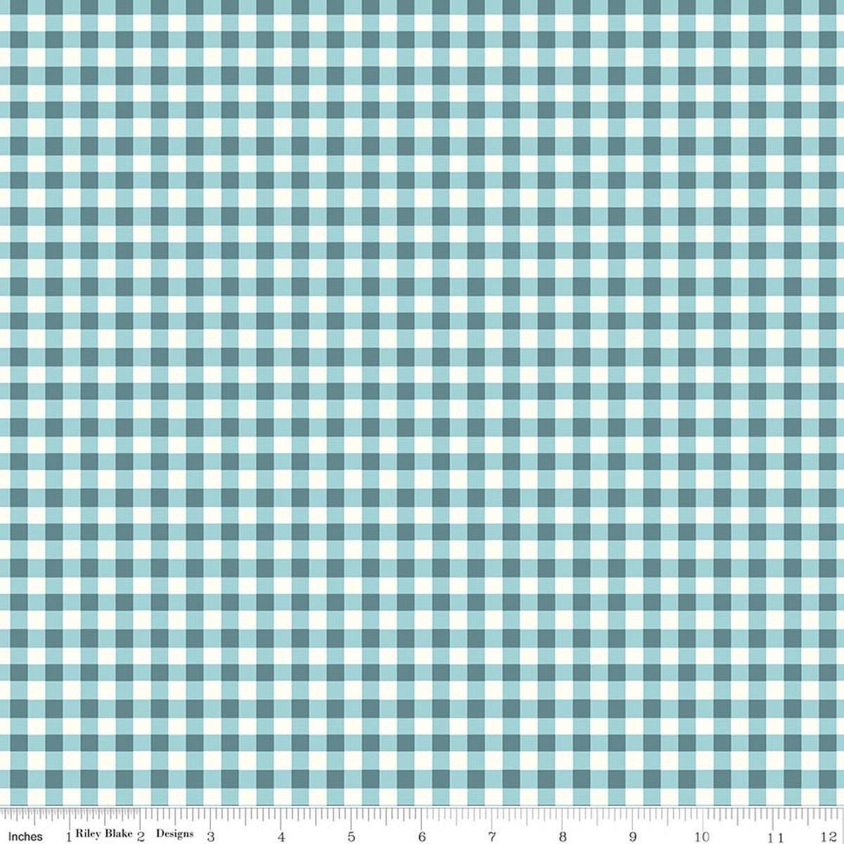 Image of Cotton Nook Plaid Blue quilting cotton fabric by Minki Kim for Riley Blake Designs. Features checkers on a blue background. Cute Little Fabric Shop.