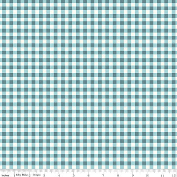 Image of Cotton Nook Plaid Blue quilting cotton fabric by Minki Kim for Riley Blake Designs. Features checkers on a blue background. Cute Little Fabric Shop.