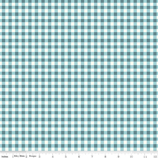 Image of Cotton Nook Plaid Blue quilting cotton fabric by Minki Kim for Riley Blake Designs. Features checkers on a blue background. Cute Little Fabric Shop.