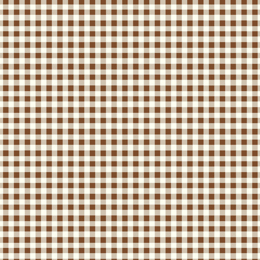 Image of Cotton Nook Plaid Teddy quilting cotton fabric by Minki Kim for Riley Blake Designs. Features checkers on a brown background. Cute Little Fabric Shop.