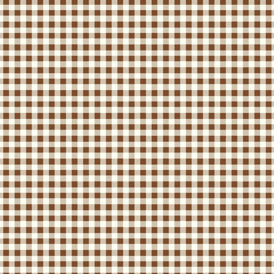 Image of Cotton Nook Plaid Teddy quilting cotton fabric by Minki Kim for Riley Blake Designs. Features checkers on a brown background. Cute Little Fabric Shop.
