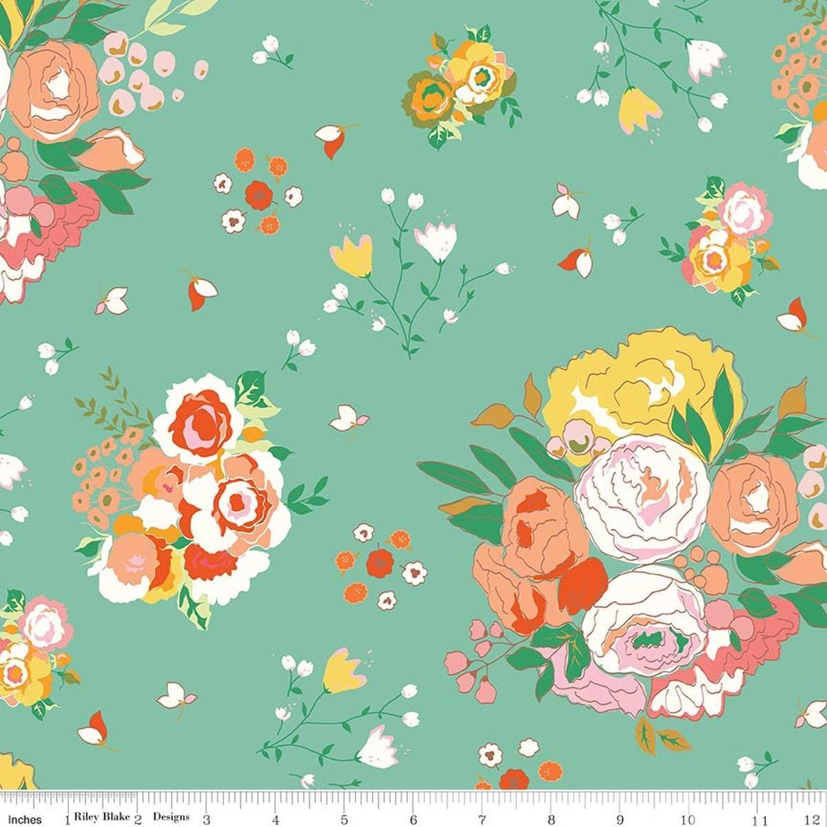Image of Cotton Nook Main Seaglass quilting cotton fabric by Minki Kim for Riley Blake Designs. Features flowers on a green background. Cute Little Fabric Shop.