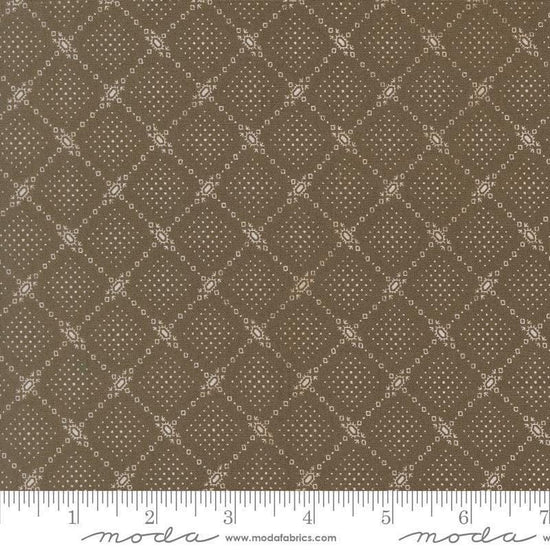 Image of Butternut and Sage Autumn Trellis Earth quilting cotton fabric by Fig Tree Co for Moda Fabrics. Features a geometric pattern on a gray brown background. Cute Little Fabric Shop.