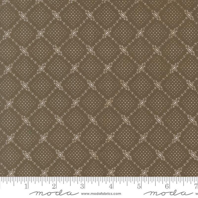 Image of Butternut and Sage Autumn Trellis Earth quilting cotton fabric by Fig Tree Co for Moda Fabrics. Features a geometric pattern on a gray brown background. Cute Little Fabric Shop.