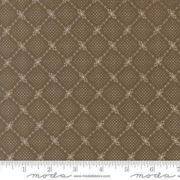 Image of Butternut and Sage Autumn Trellis Earth quilting cotton fabric by Fig Tree Co for Moda Fabrics. Features a geometric pattern on a gray brown background. Cute Little Fabric Shop.
