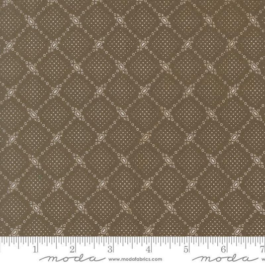 Image of Butternut and Sage Autumn Trellis Earth quilting cotton fabric by Fig Tree Co for Moda Fabrics. Features a geometric pattern on a gray brown background. Cute Little Fabric Shop.