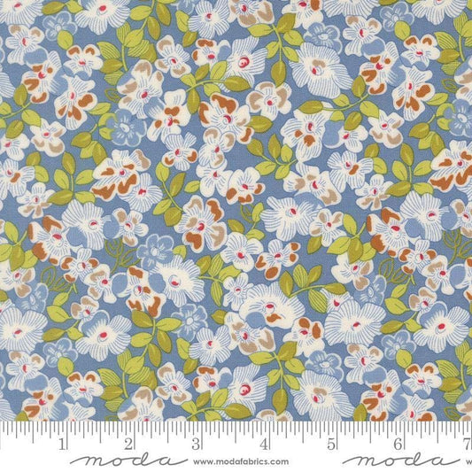 Image of Butternut and Sage Fields of Flowers Dusk quilting cotton fabric by Fig Tree Co for Moda Fabrics. Features flowers on a blue background. Cute Little Fabric Shop.