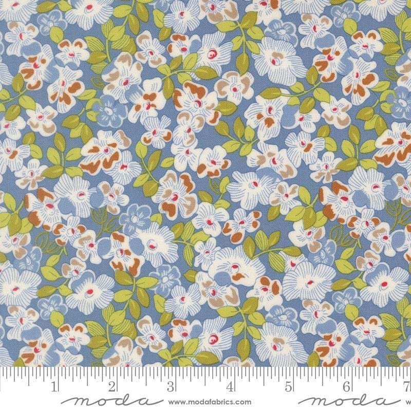 Image of Butternut and Sage Fields of Flowers Dusk quilting cotton fabric by Fig Tree Co for Moda Fabrics. Features flowers on a blue background. Cute Little Fabric Shop.