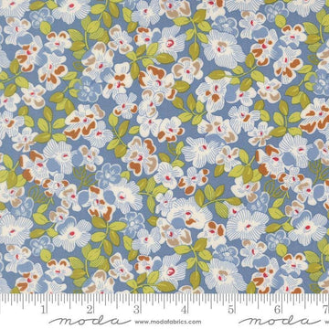 Image of Butternut and Sage Fields of Flowers Dusk quilting cotton fabric by Fig Tree Co for Moda Fabrics. Features flowers on a blue background. Cute Little Fabric Shop.