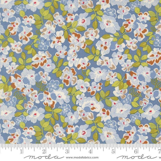 Image of Butternut and Sage Fields of Flowers Dusk quilting cotton fabric by Fig Tree Co for Moda Fabrics. Features flowers on a blue background. Cute Little Fabric Shop.