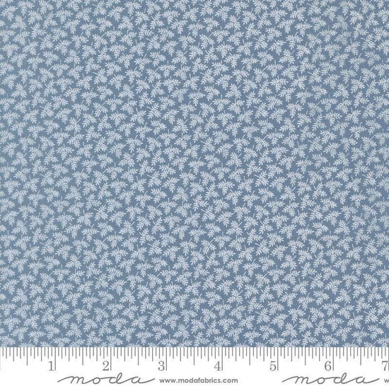 Image of Butternut and Sage Fall Foliage Dusk quilting cotton fabric by Fig Tree Co for Moda Fabrics. Features leaves on a blue background. Cute Little Fabric Shop.