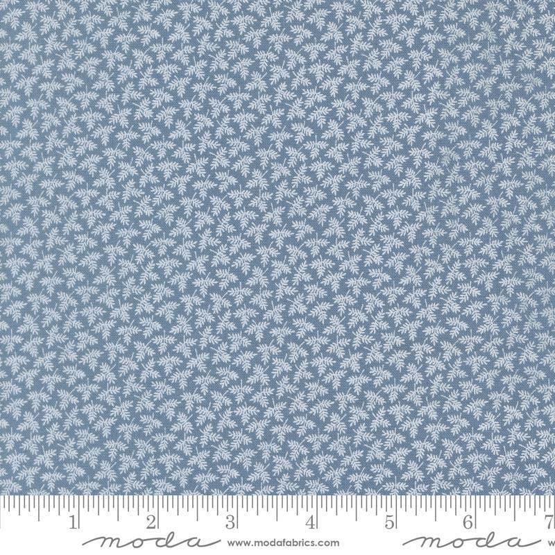 Image of Butternut and Sage Fall Foliage Dusk quilting cotton fabric by Fig Tree Co for Moda Fabrics. Features leaves on a blue background. Cute Little Fabric Shop.