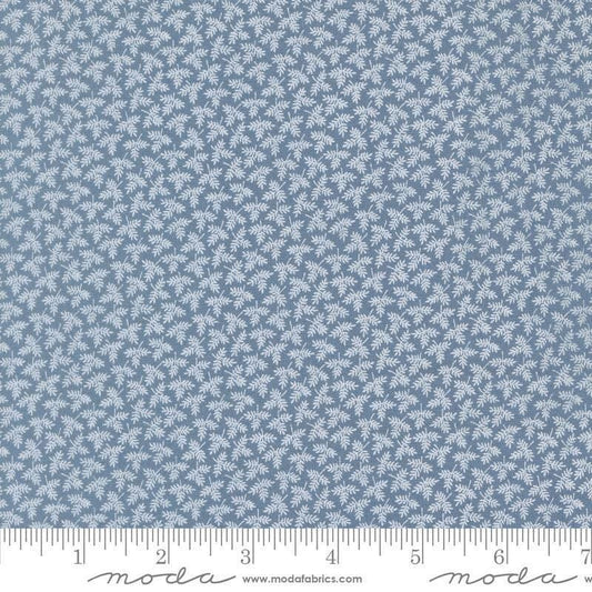Image of Butternut and Sage Fall Foliage Dusk quilting cotton fabric by Fig Tree Co for Moda Fabrics. Features leaves on a blue background. Cute Little Fabric Shop.