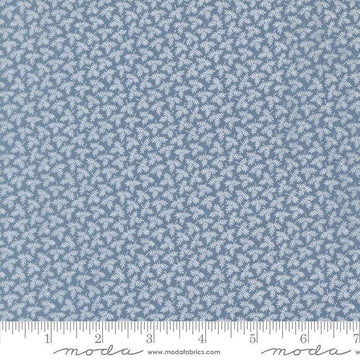 Image of Butternut and Sage Fall Foliage Dusk quilting cotton fabric by Fig Tree Co for Moda Fabrics. Features leaves on a blue background. Cute Little Fabric Shop.