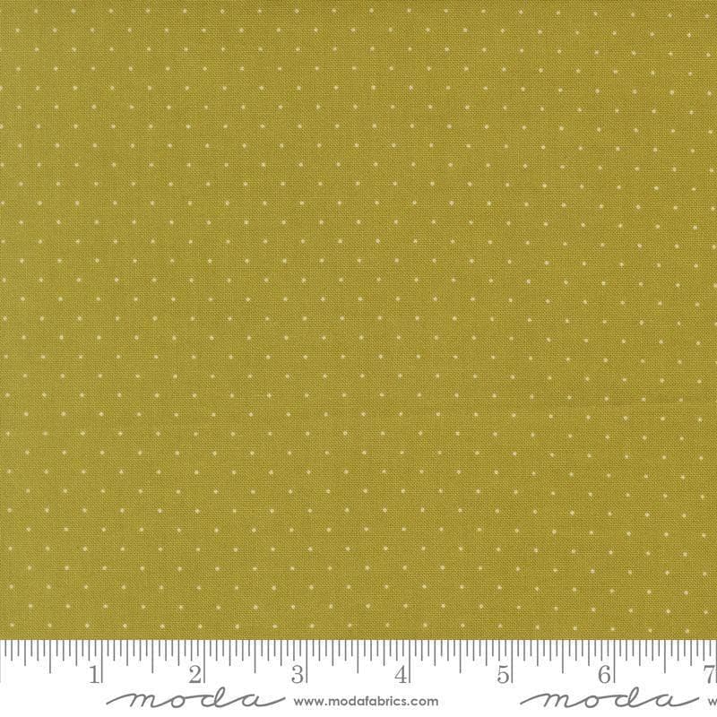 Image of Butternut and Sage Pindot Sage quilting cotton fabric by Fig Tree Co for Moda Fabrics. Features polka dots on a green background. Cute Little Fabric Shop.