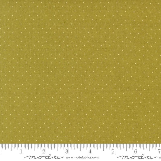 Image of Butternut and Sage Pindot Sage quilting cotton fabric by Fig Tree Co for Moda Fabrics. Features polka dots on a green background. Cute Little Fabric Shop.