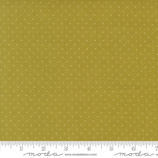 Image of Butternut and Sage Pindot Sage quilting cotton fabric by Fig Tree Co for Moda Fabrics. Features polka dots on a green background. Cute Little Fabric Shop.