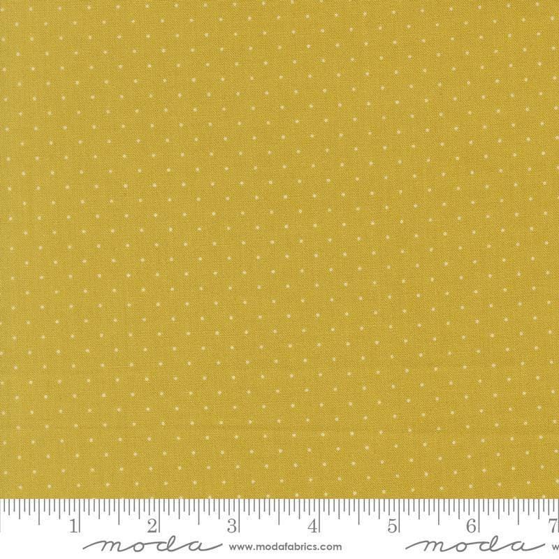 Image of Butternut and Sage Pindot Citron quilting cotton fabric by Fig Tree Co for Moda Fabrics. Features polka dots on a green background. Cute Little Fabric Shop.