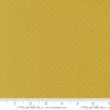Image of Butternut and Sage Pindot Citron quilting cotton fabric by Fig Tree Co for Moda Fabrics. Features polka dots on a green background. Cute Little Fabric Shop.