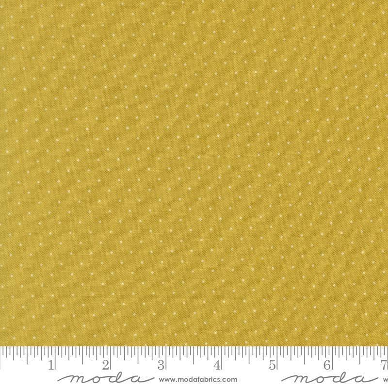 Image of Butternut and Sage Pindot Citron quilting cotton fabric by Fig Tree Co for Moda Fabrics. Features polka dots on a green background. Cute Little Fabric Shop.