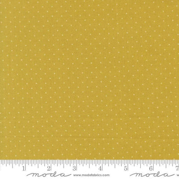 Image of Butternut and Sage Pindot Citron quilting cotton fabric by Fig Tree Co for Moda Fabrics. Features polka dots on a green background. Cute Little Fabric Shop.