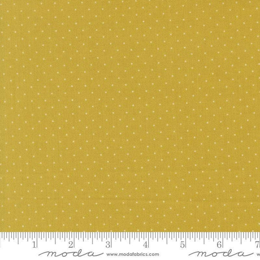 Image of Butternut and Sage Pindot Citron quilting cotton fabric by Fig Tree Co for Moda Fabrics. Features polka dots on a green background. Cute Little Fabric Shop.