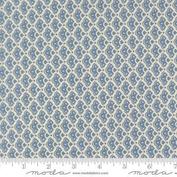 Image of Butternut and Sage Cobblestone Dusk quilting cotton fabric by Fig Tree Co for Moda Fabrics. Features a geometric pattern on a blue background. Cute Little Fabric Shop.