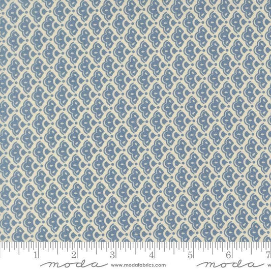 Image of Butternut and Sage Cobblestone Dusk quilting cotton fabric by Fig Tree Co for Moda Fabrics. Features a geometric pattern on a blue background. Cute Little Fabric Shop.