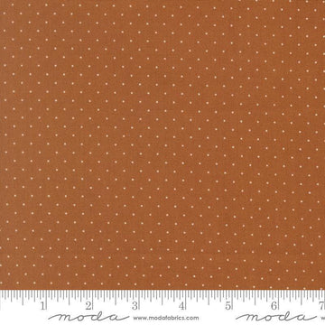 Image of Butternut and Sage Pindot Cinnamon quilting cotton fabric by Fig Tree Co for Moda Fabrics. Features polka dots on a brown background. Cute Little Fabric Shop.