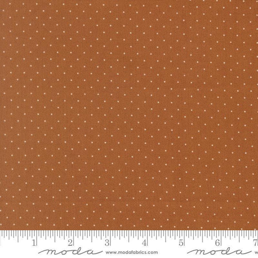 Image of Butternut and Sage Pindot Cinnamon quilting cotton fabric by Fig Tree Co for Moda Fabrics. Features polka dots on a brown background. Cute Little Fabric Shop.