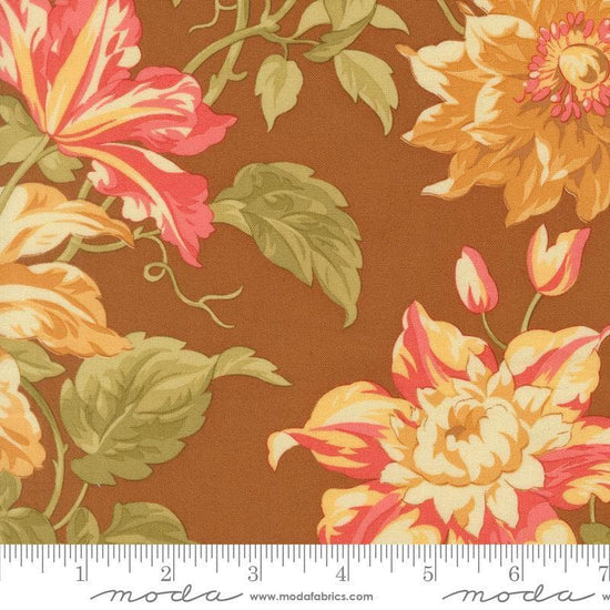 Image of Butternut and Sage Harvest Floral Cinnamon quilting cotton fabric by Fig Tree Co for Moda Fabrics. Features flowers on a brown background. Cute Little Fabric Shop.