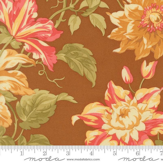 Image of Butternut and Sage Harvest Floral Cinnamon quilting cotton fabric by Fig Tree Co for Moda Fabrics. Features flowers on a brown background. Cute Little Fabric Shop.