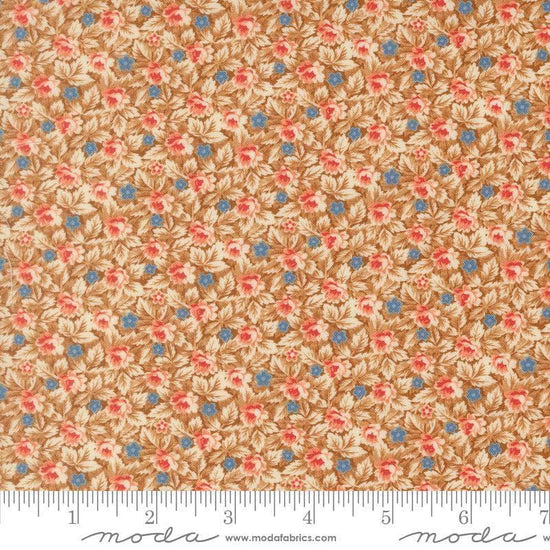 Image of Butternut and Sage Mums and Posies Cinnamon quilting cotton fabric by Fig Tree Co for Moda Fabrics. Features flowers on a brown background. Cute Little Fabric Shop.