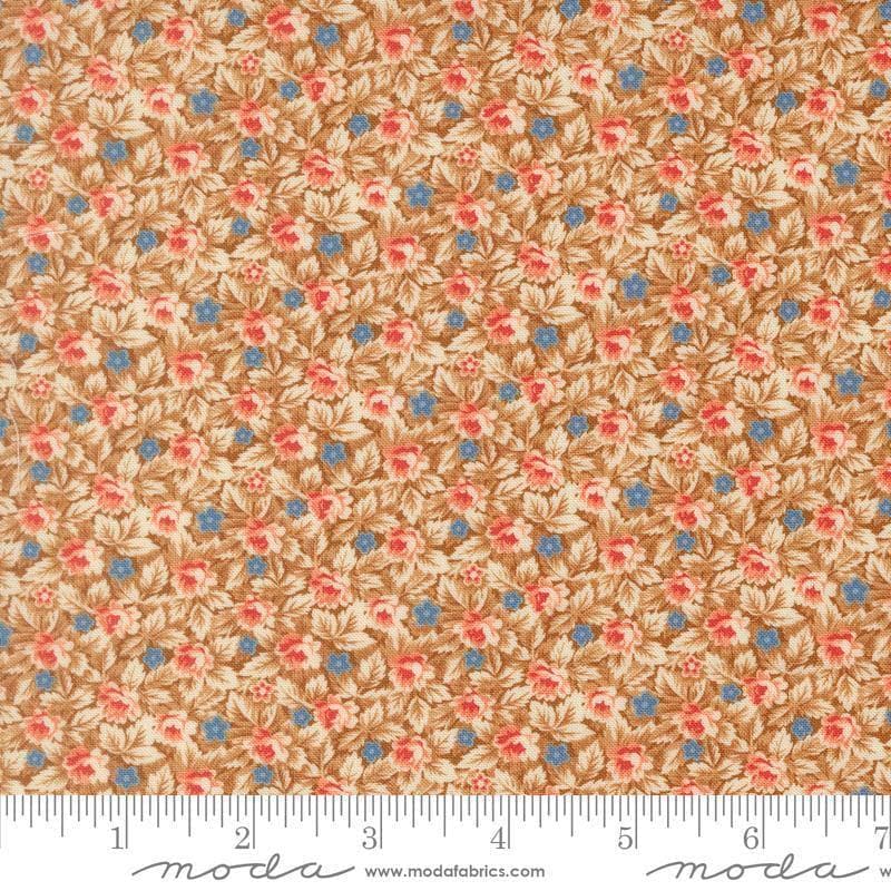 Image of Butternut and Sage Mums and Posies Cinnamon quilting cotton fabric by Fig Tree Co for Moda Fabrics. Features flowers on a brown background. Cute Little Fabric Shop.