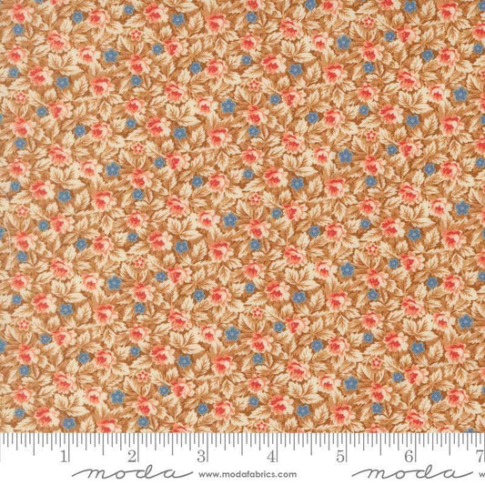 Image of Butternut and Sage Mums and Posies Cinnamon quilting cotton fabric by Fig Tree Co for Moda Fabrics. Features flowers on a brown background. Cute Little Fabric Shop.