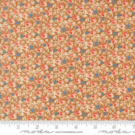 Image of Butternut and Sage Mums and Posies Cinnamon quilting cotton fabric by Fig Tree Co for Moda Fabrics. Features flowers on a brown background. Cute Little Fabric Shop.