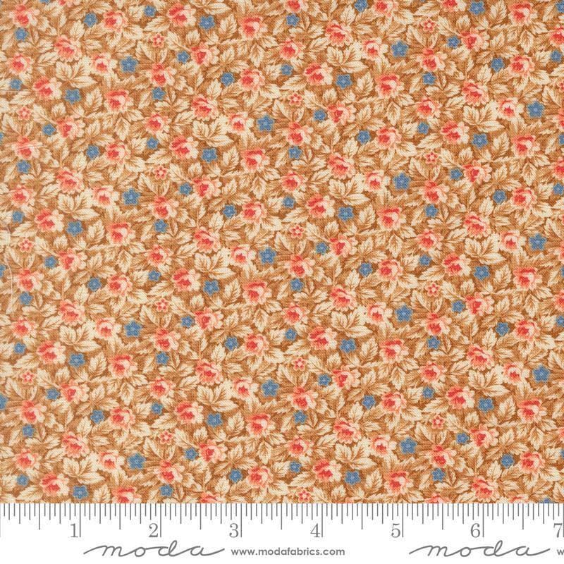 Image of Butternut and Sage Mums and Posies Cinnamon quilting cotton fabric by Fig Tree Co for Moda Fabrics. Features flowers on a brown background. Cute Little Fabric Shop.