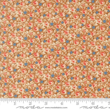 Image of Butternut and Sage Mums and Posies Cinnamon quilting cotton fabric by Fig Tree Co for Moda Fabrics. Features flowers on a brown background. Cute Little Fabric Shop.